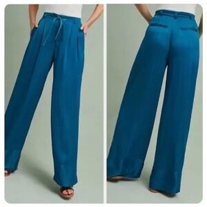 Anthropologie Elevenses Turquoise Blue Wide Leg Satin Trouser Pants Size 4